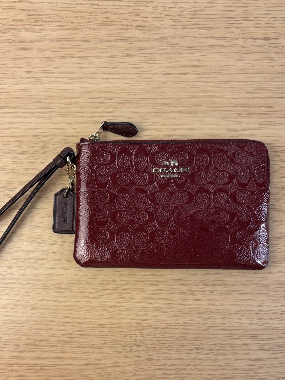 Coach Signature C Embossed Dark Red Patent Leather Corner Zip Wristlet LIKE NEW!
